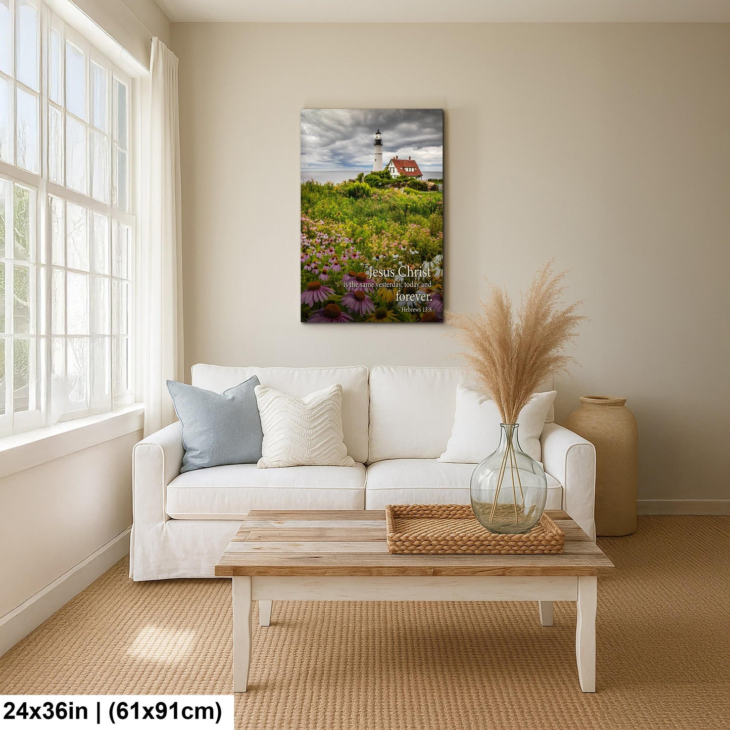 Lighthouse Wall Art – Portland Head Light Christian Wall Decor With Hebrews 13:8 Print