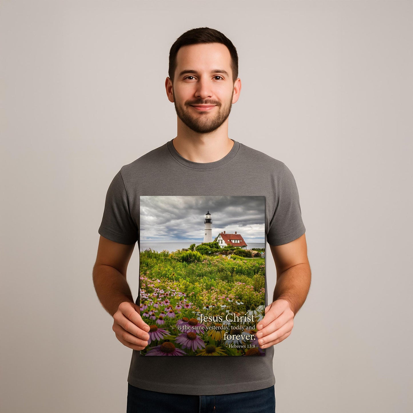 Lighthouse Wall Art – Portland Head Light Christian Wall Decor With Hebrews 13:8 Print