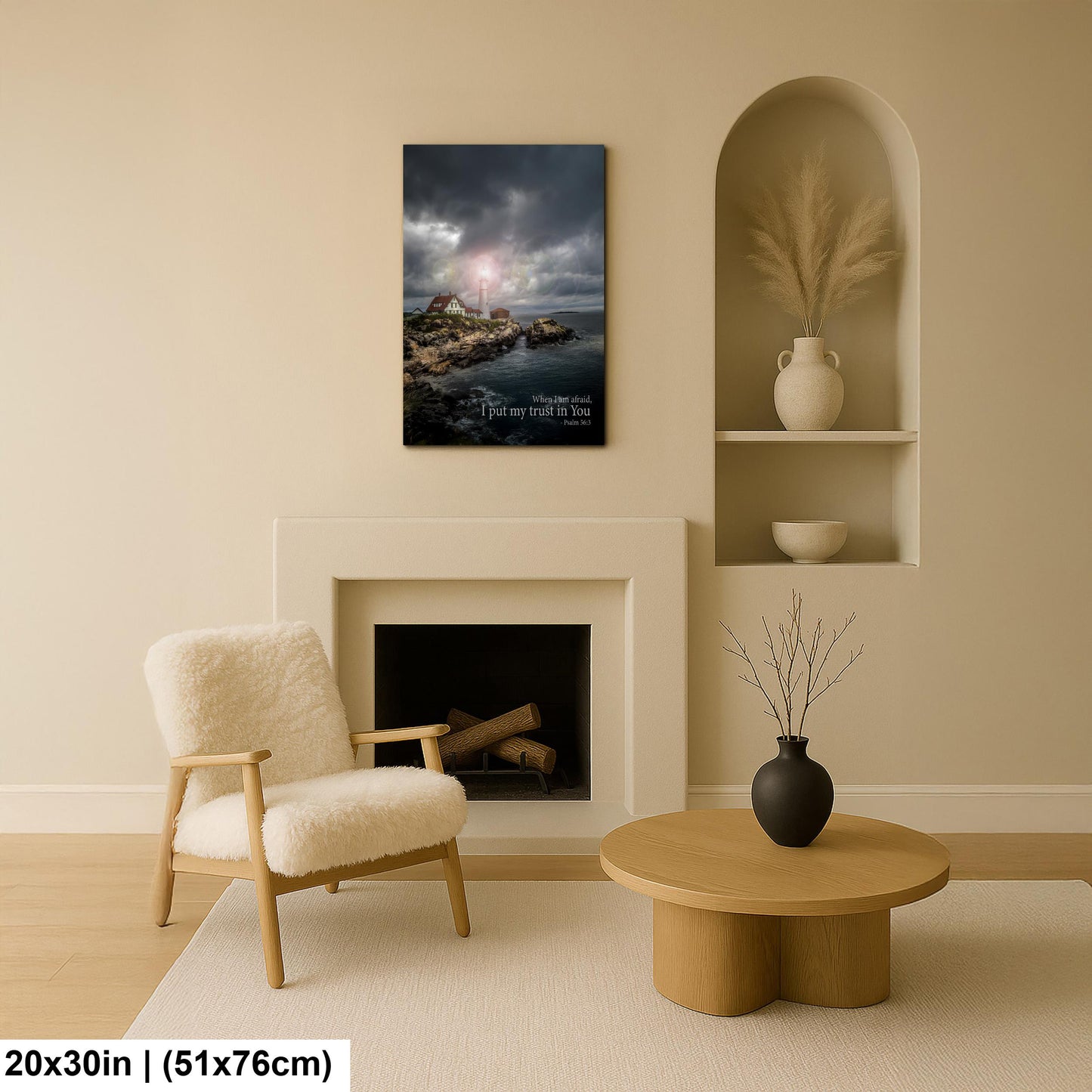 Psalm 56:3 Lighthouse Wall Art – Inspirational Coastal Print with Cape Elizabeth Lighthouse