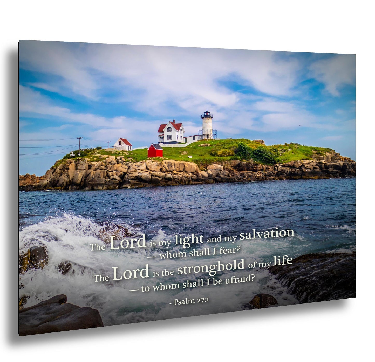 Lighthouse Wall Art – Cape Neddick Maine Print With Psalm 27 Scripture Decor