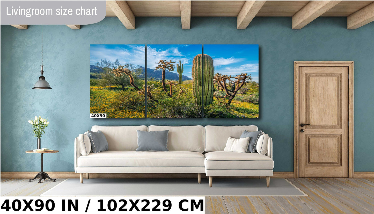 Picacho Peak Cactus Party: Vibrant Cactus Varieties Surrounded by Wildflower in Picacho Peak Arizona State Park Wall Art Metal Acrylic Print