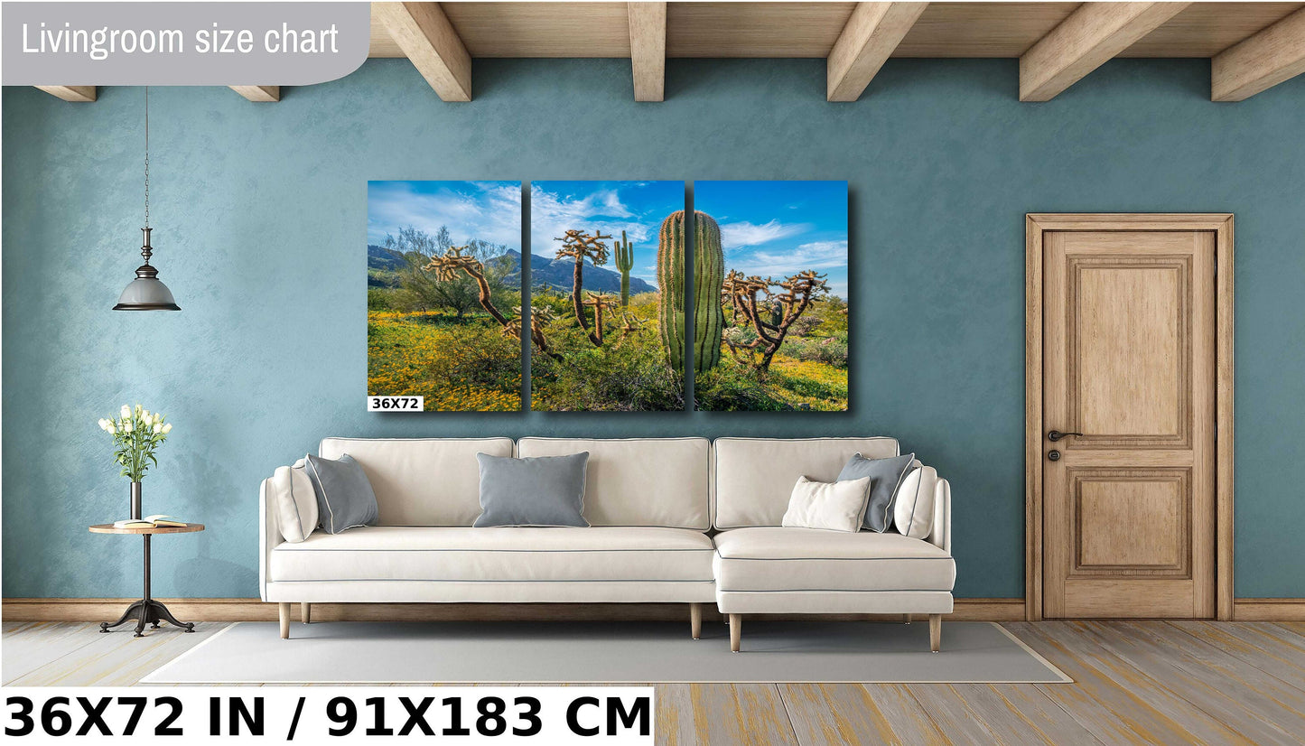 Picacho Peak Cactus Party: Vibrant Cactus Varieties Surrounded by Wildflower in Picacho Peak Arizona State Park Wall Art Metal Acrylic Print