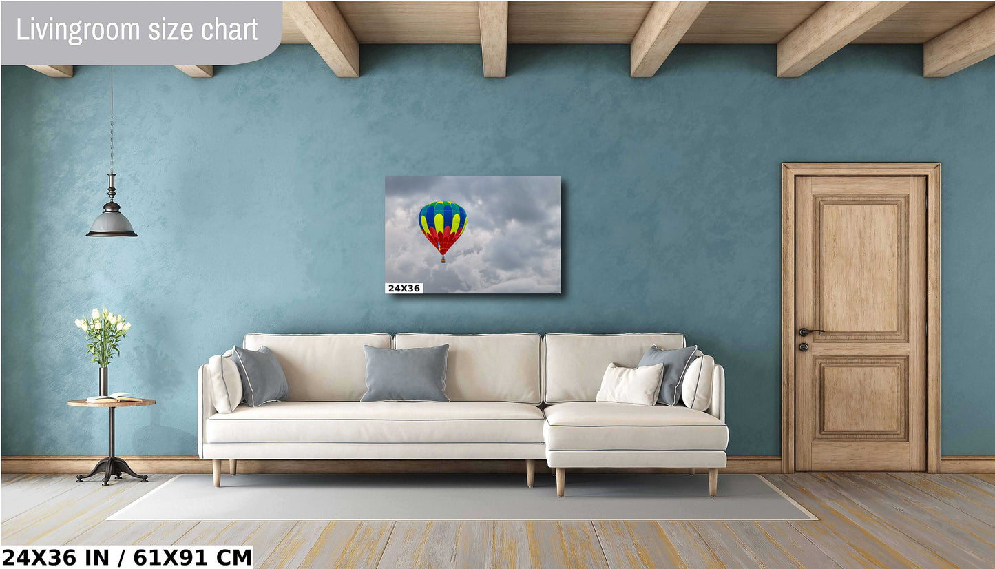 Vivid Balloon Against Dark Sky: A Colorful Hot Air Balloon Amidst Gray Clouds Wall Art Albuquerque Balloon Festival Metal Canvas Print