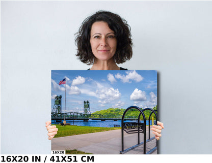 Patriotic Stillwater: US Flag and Stillwater Lift Bridge Viewing Wisconsin Across the St Croix River Minnesota Metal Aluminum Print