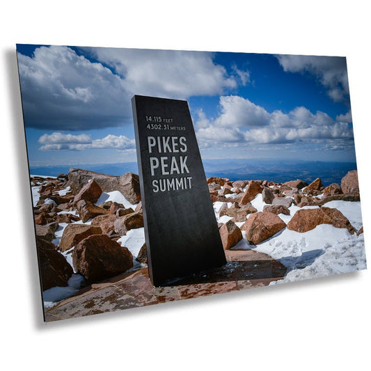 Summit Achievement: Reaching the Pikes Peak Summit Sign Metal Aluminum Print Wall Art Colorado Landscape