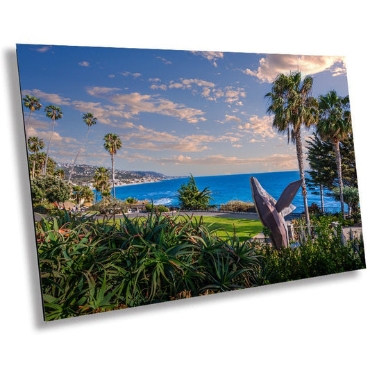 Whale's Leap: Stunning Whale Statue Overlooking Laguna Beach Wall Art California Seascape Metal Aluminum Print