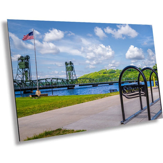 Patriotic Stillwater: US Flag and Stillwater Lift Bridge Viewing Wisconsin Across the St Croix River Minnesota Metal Aluminum Print