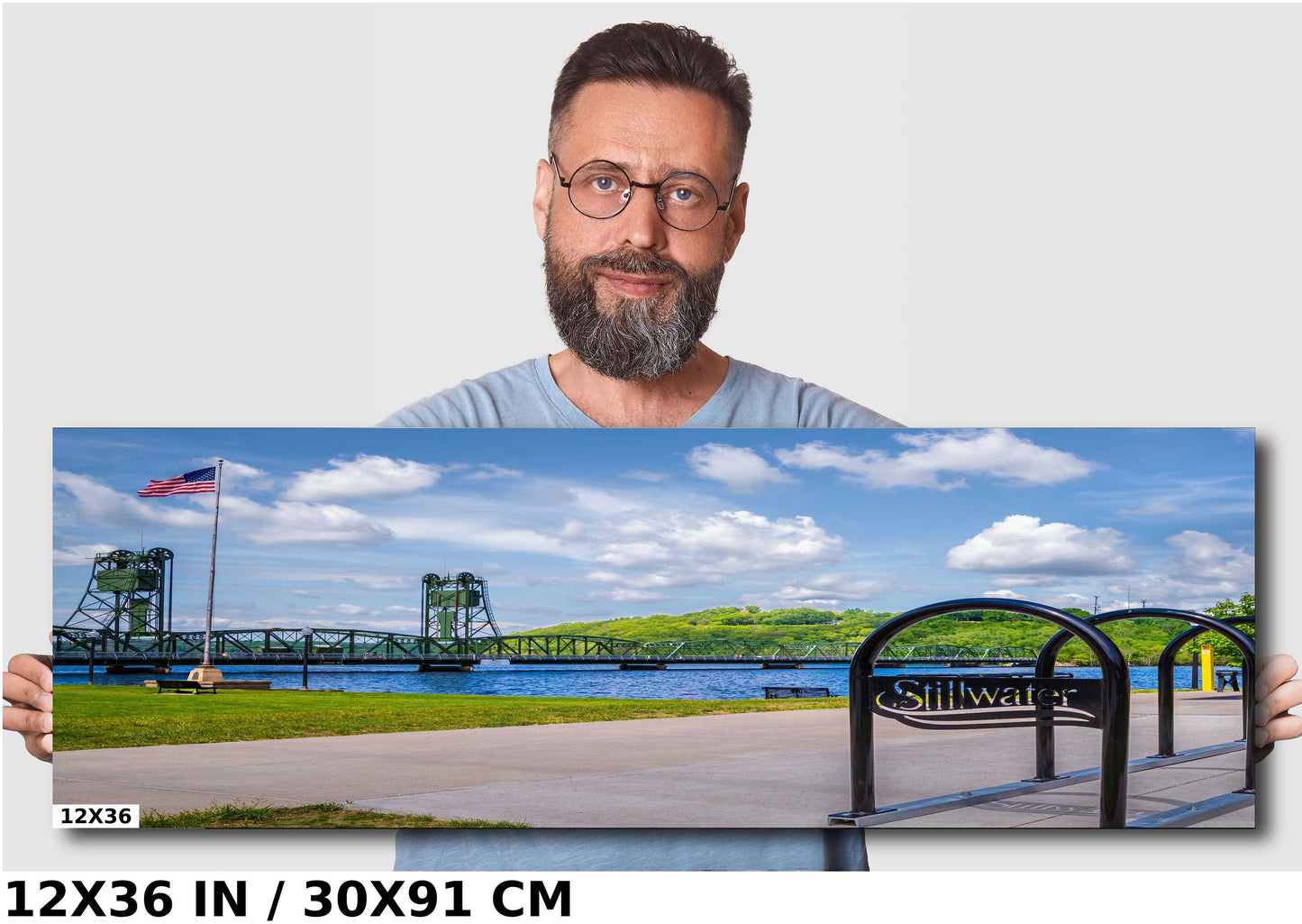 Patriotic Stillwater: US Flag and Stillwater Lift Bridge Viewing Wisconsin Across the St Croix River Minnesota Metal Aluminum Print