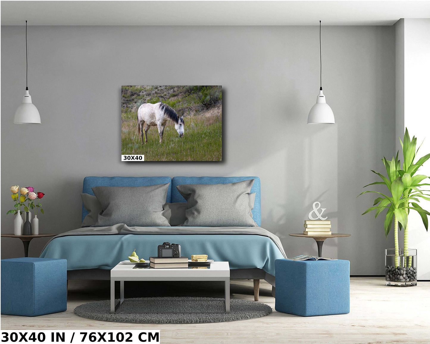 Badlands Ivory: White Horse Enjoying Grass in Theodore Roosevelt National Park Metal Acrylic Print North Dakota Wall Art