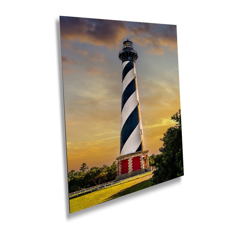 Lighthouse Majesty: Cape Hatteras Lighthouse in Sunny Clouds Wall Art Metal Canvas Print Buxton, North Carolina Portrait