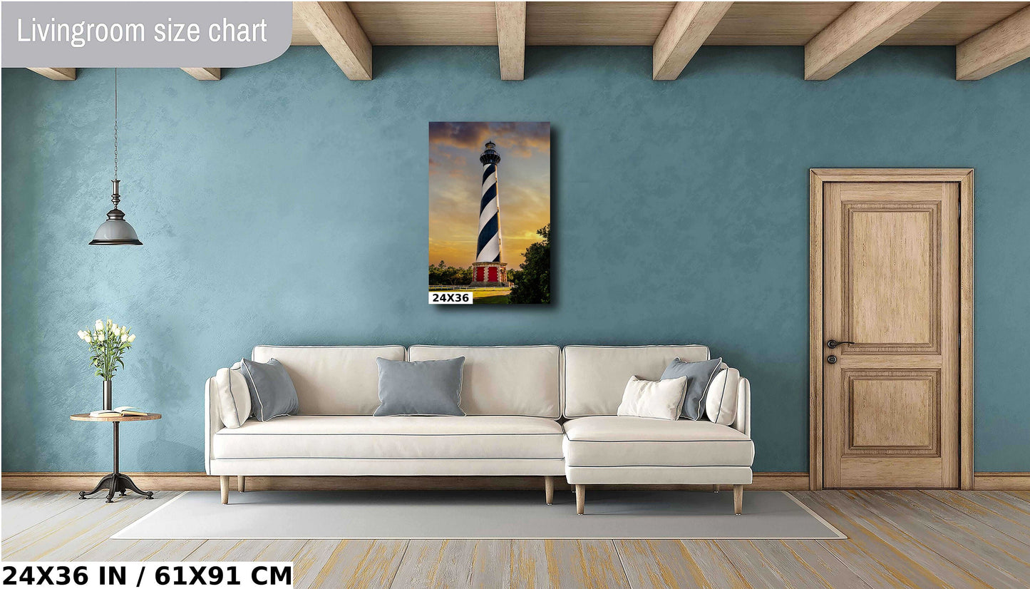 Lighthouse Majesty: Cape Hatteras Lighthouse in Sunny Clouds Wall Art Metal Canvas Print Buxton, North Carolina Portrait