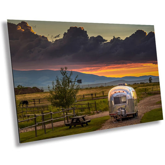 Glorious Montana Camping Sunset: RV in White Sulphur Springs, Montana Sunset Wall Art Metal Canvas Print