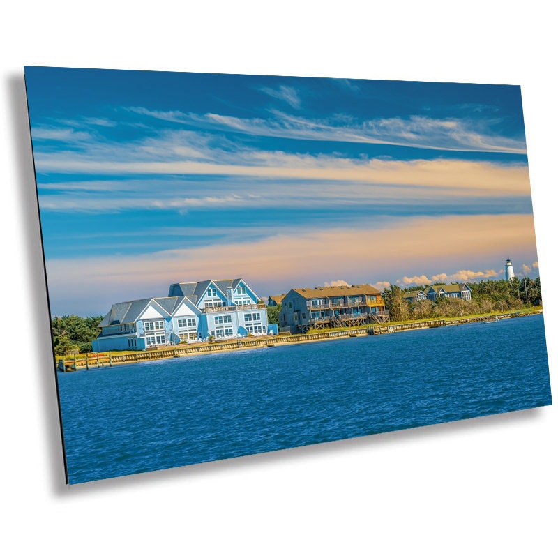 Outer Banks Living: Homes and Lighthouse in One Frame Metal Acrylic Print Wall Art Ocracoke Village OBX North Carolina Seascape