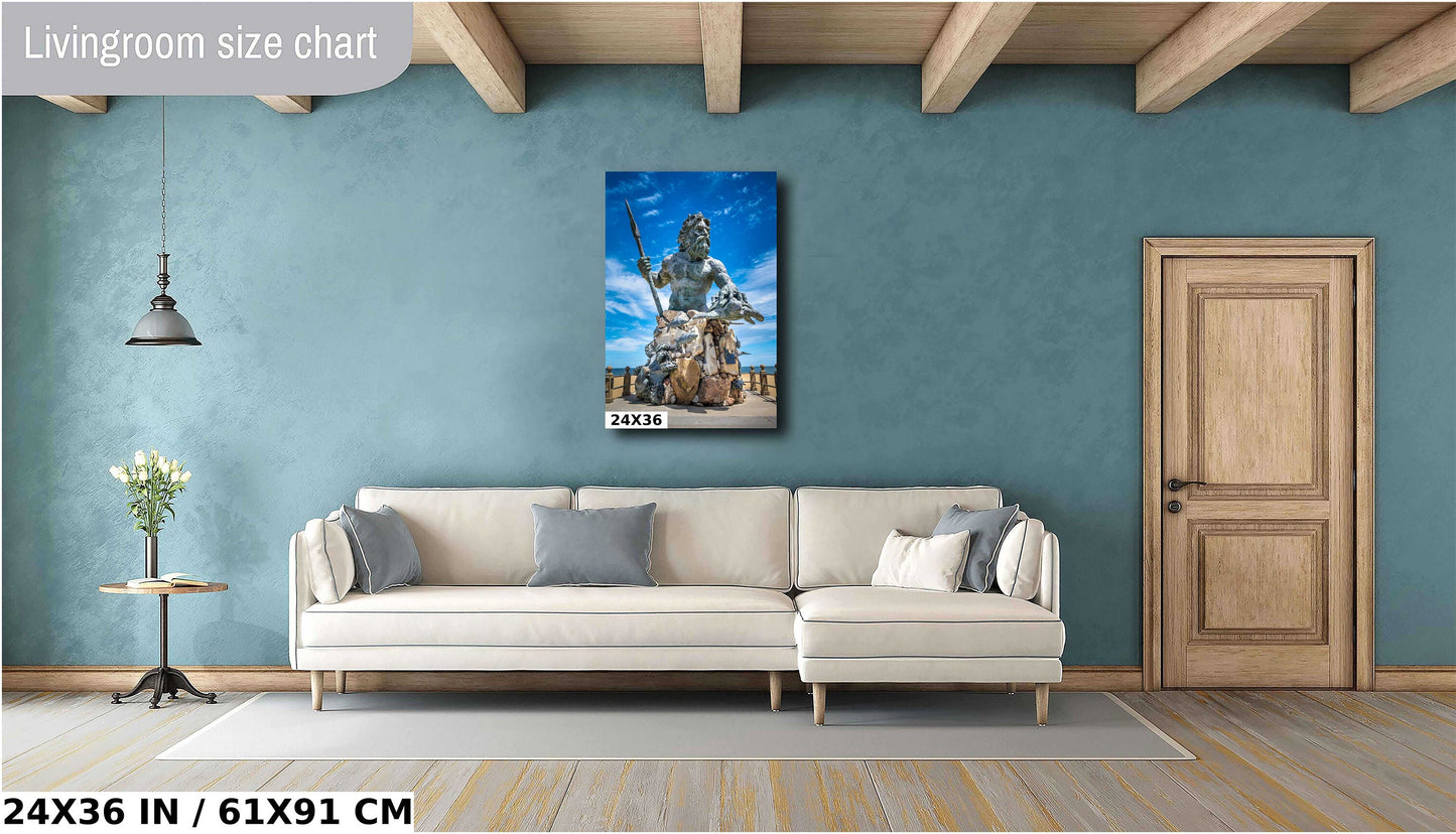 The Real Aqua Man: King Neptune Statue under a Perfect Blue Sky Wall Art Virginia Beach Maritime Legacy Metal Aluminum Print