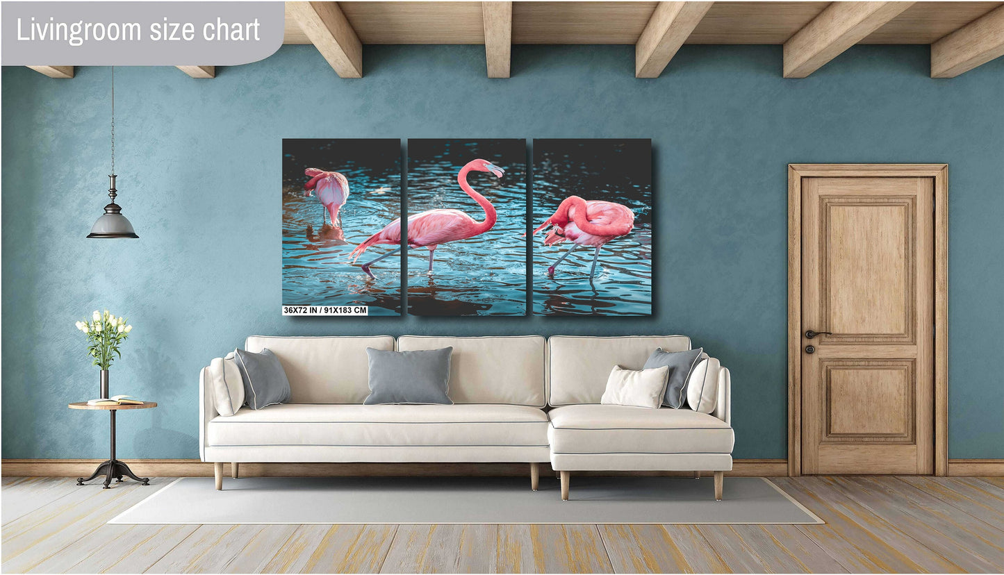 Bird Bath Time: Three Pink Flamingos Posing in the Water Wall Art Metal Canvas Print Bird Photography