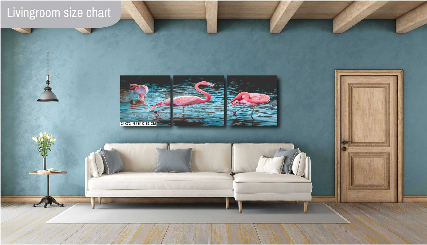 Bird Bath Time: Three Pink Flamingos Posing in the Water Wall Art Metal Canvas Print Bird Photography