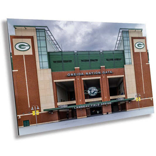 Packers Lambeau Field Atrium: Iconic Oneida Nation Gate Wall Art Metal Canvas Print Stadium in Green Bay Wisconsin Landscape