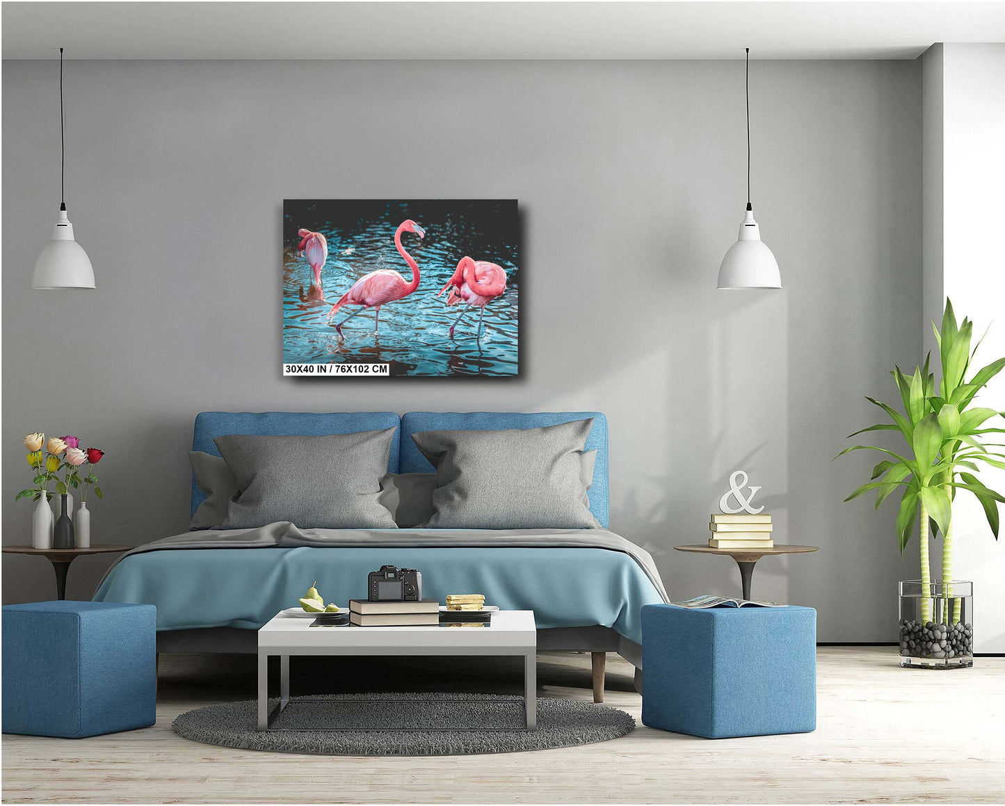 Bird Bath Time: Three Pink Flamingos Posing in the Water Wall Art Metal Canvas Print Bird Photography