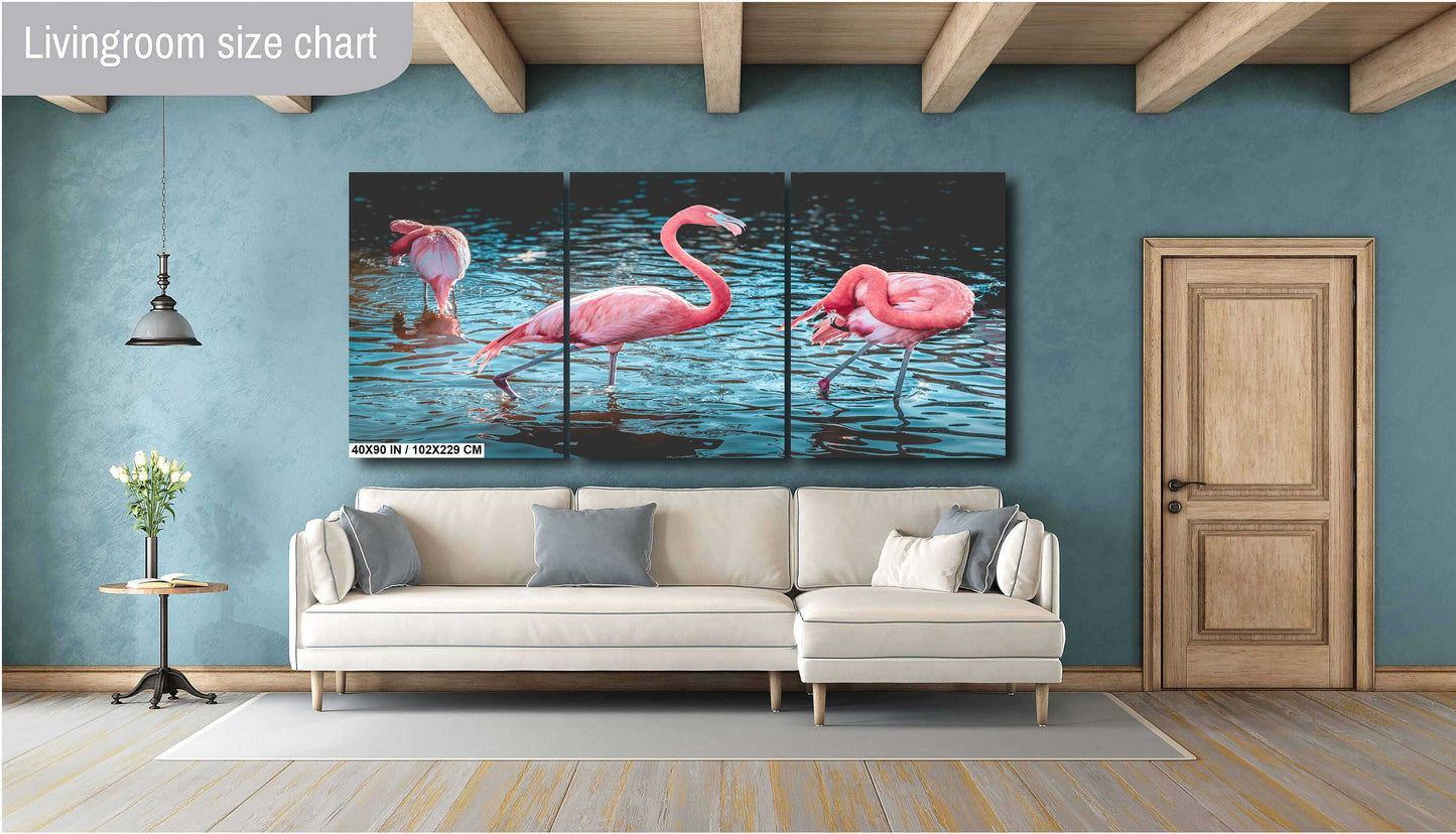 Bird Bath Time: Three Pink Flamingos Posing in the Water Wall Art Metal Canvas Print Bird Photography