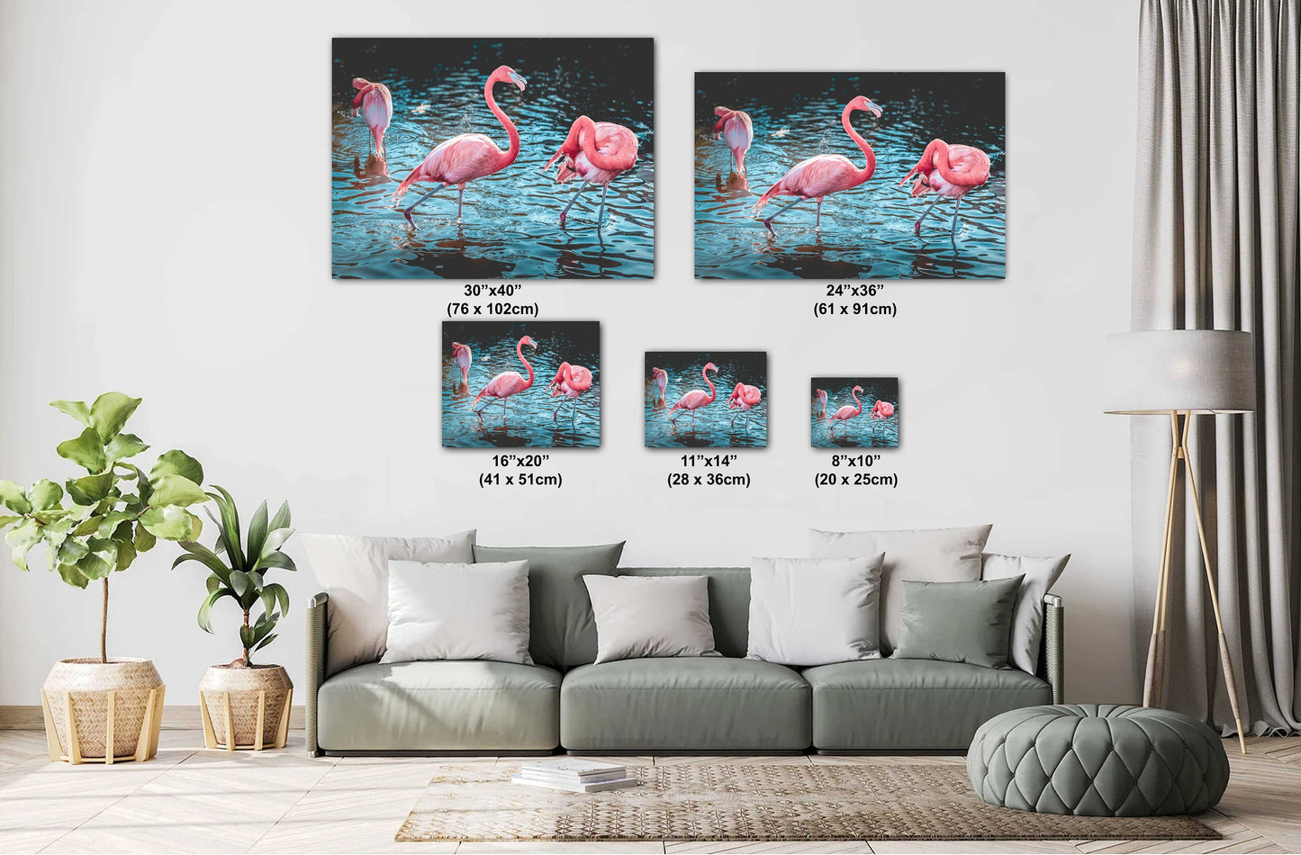 Bird Bath Time: Three Pink Flamingos Posing in the Water Wall Art Metal Canvas Print Bird Photography