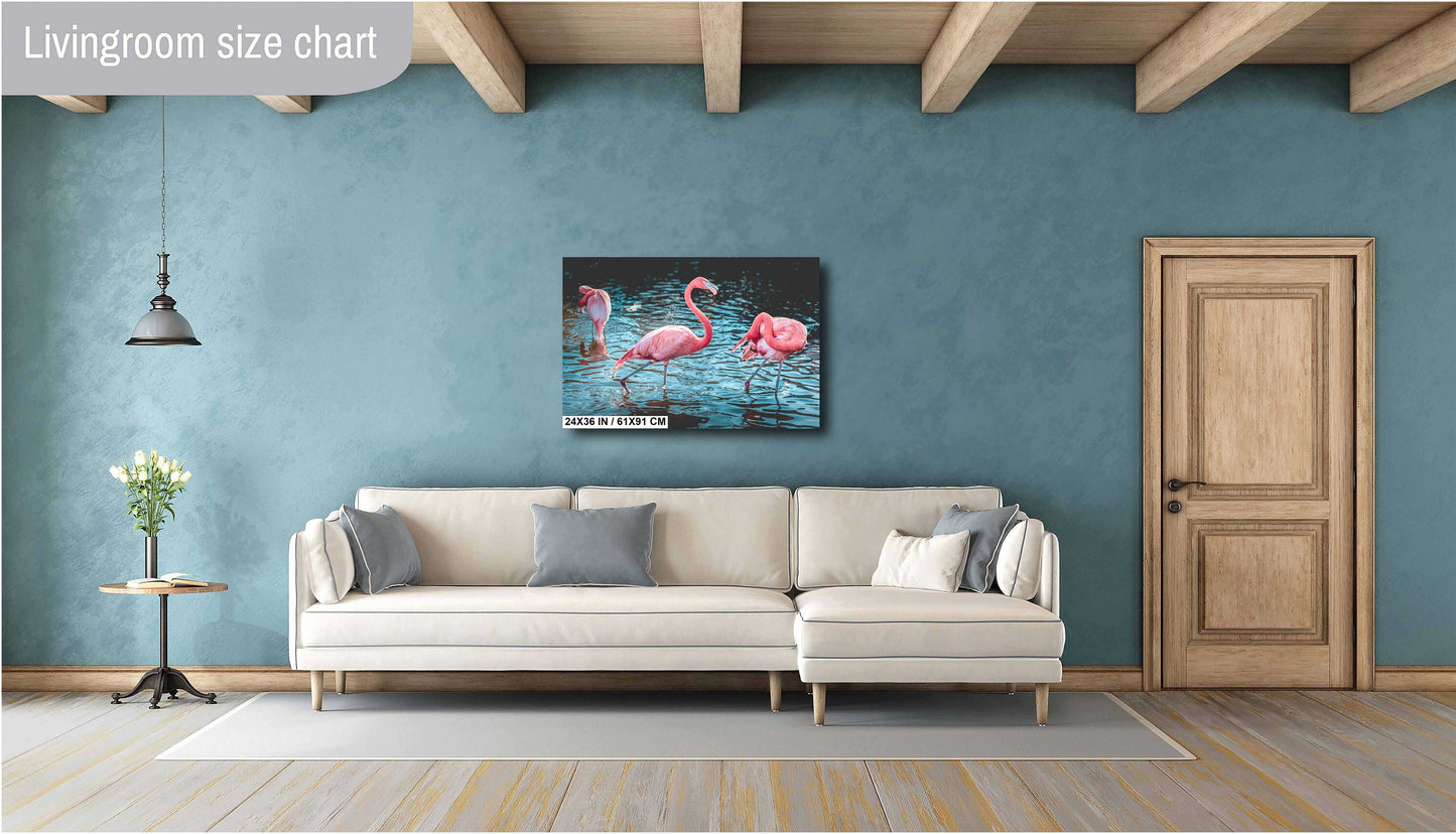 Bird Bath Time: Three Pink Flamingos Posing in the Water Wall Art Metal Canvas Print Bird Photography