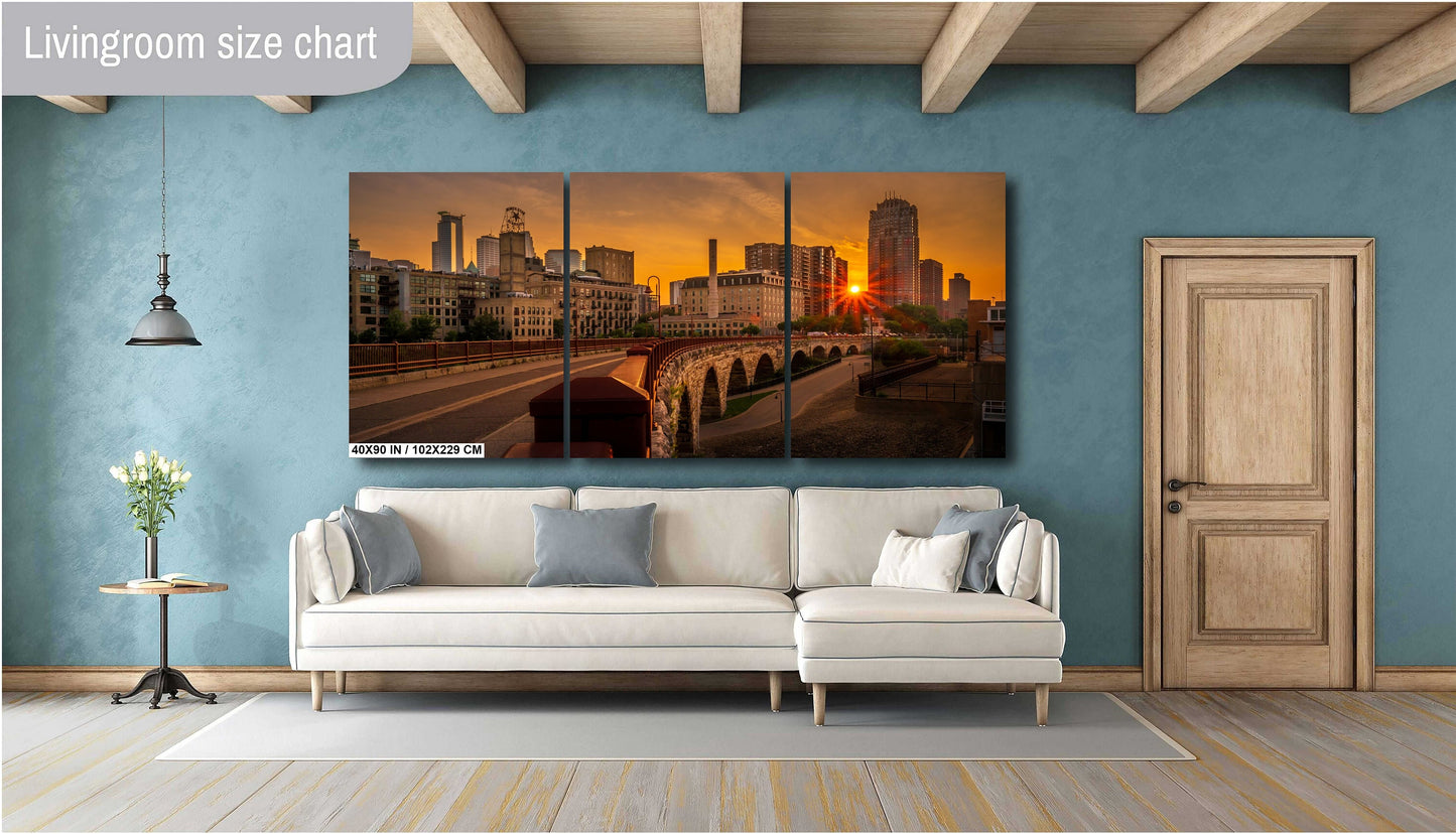 The Old Stone Arch Bridge: Sunset Glow Over Minneapolis Old Stone Arch Bridge Curve Wall Art Metal Canvas Print Downtown Minneapolis