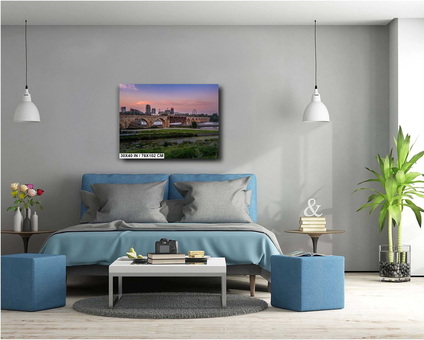 Majestic Minneapolis at Sunset: Stone Arch Bridge Over the Mississippi River Mill District Wall Art Canvas Print Minnesota