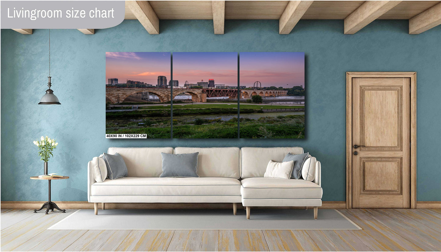 Majestic Minneapolis at Sunset: Stone Arch Bridge Over the Mississippi River Mill District Wall Art Canvas Print Minnesota