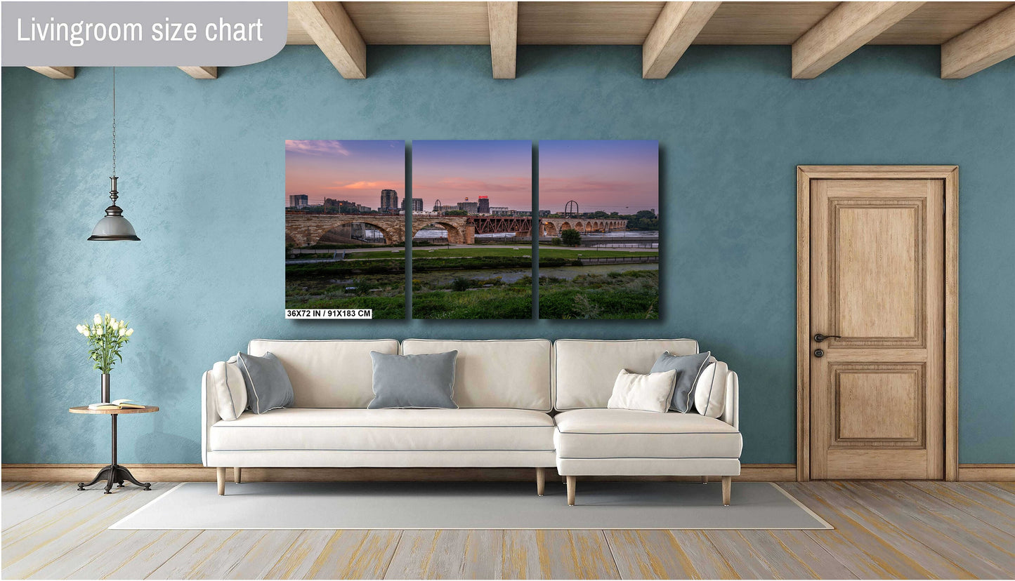 Majestic Minneapolis at Sunset: Stone Arch Bridge Over the Mississippi River Mill District Wall Art Canvas Print Minnesota