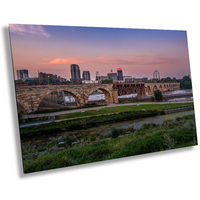 Majestic Minneapolis at Sunset: Stone Arch Bridge Over the Mississippi River Mill District Wall Art Canvas Print Minnesota