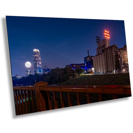 Minneapolis by Night: Gold Medal Flour Mill City Museum Eleven Tower Super Moon Rise Metal Aluminum Print Minnesota