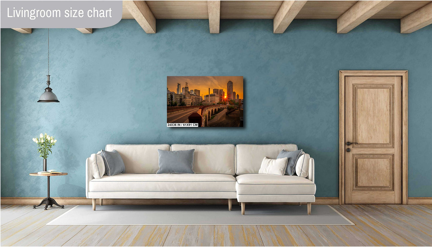 The Old Stone Arch Bridge: Sunset Glow Over Minneapolis Old Stone Arch Bridge Curve Wall Art Metal Canvas Print Downtown Minneapolis