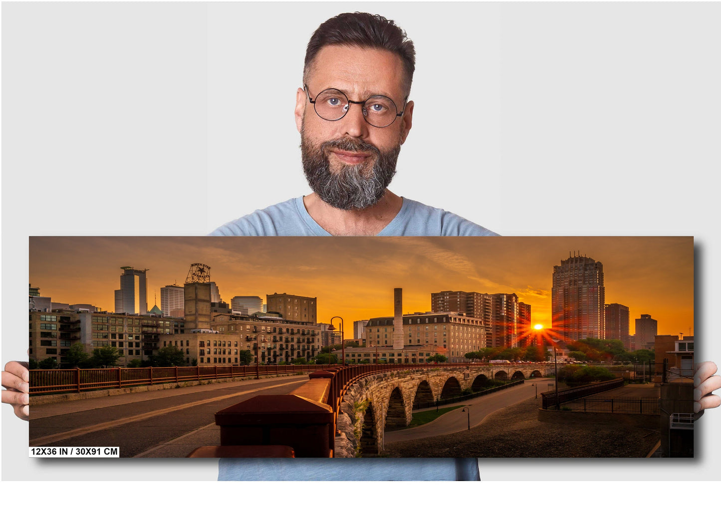 The Old Stone Arch Bridge: Sunset Glow Over Minneapolis Old Stone Arch Bridge Curve Wall Art Metal Canvas Print Downtown Minneapolis