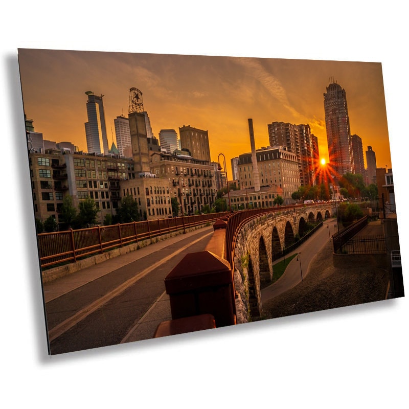 The Old Stone Arch Bridge: Sunset Glow Over Minneapolis Old Stone Arch Bridge Curve Wall Art Metal Canvas Print Downtown Minneapolis