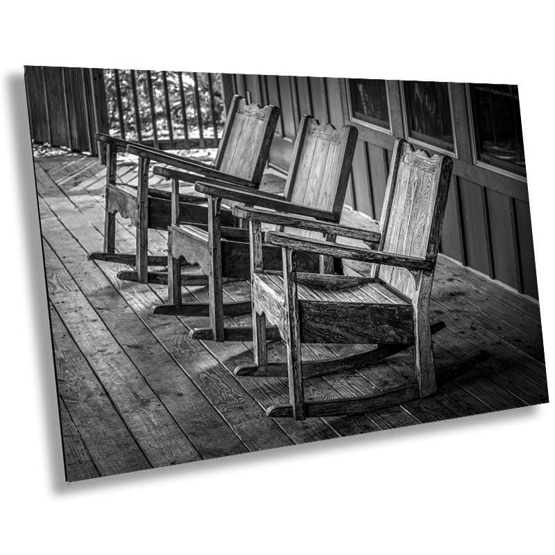 Off Your Rocker: Print Rustic Wooden Rocking Chairs in Monochrome Wall Art Abbeville Louisiana Nostalgic Photography Metal/Acrylic/Canvas