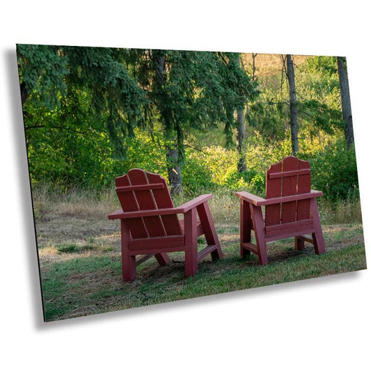 Adirondack Retreat: Print Wall Art Adirondack Chairs in the Heart of Portland Oregon Forest Greenery Aluminum/Acrylic/Metal/Canvas