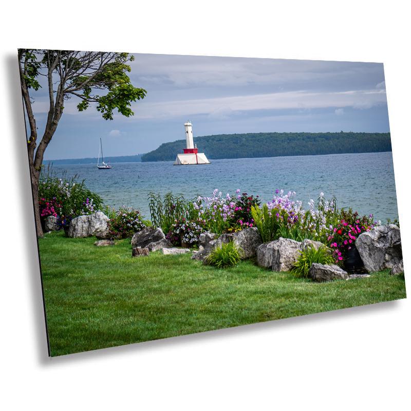 Mackinac Island Views: Flowers in Bloom by Round Island Light Print Wall Art Aluminum Michigan Nautical Metal/Acrylic/Aluminum/Canvas