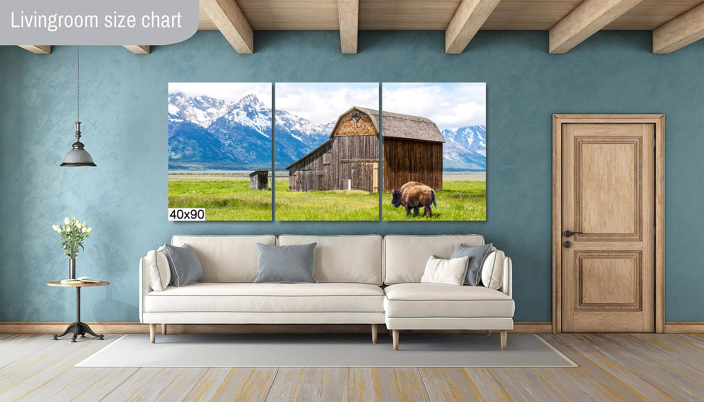 Bison's Haven: The Moulton Barn Snow-capped Mountain Canvas Metal Print Grand Teton National Park Photography Landscape Wall Art