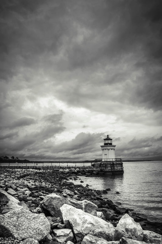 Shining Sentinel: Bug Light Park Portland Maine Lighthouse Nautical Print Black and White Seascape Photography
