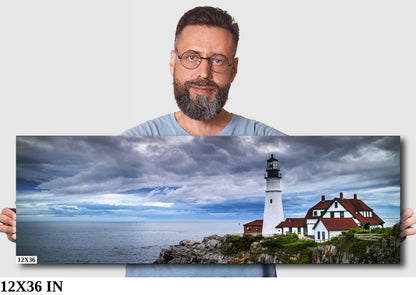 Storm Rolling In: Cape Elizabeth Lighthouse Nautical Metal Canvas Print, Seascape Photography