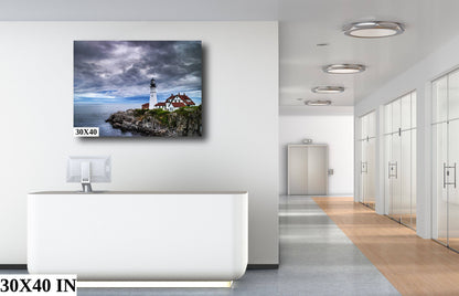 Storm Rolling In: Cape Elizabeth Lighthouse Nautical Metal Canvas Print, Seascape Photography