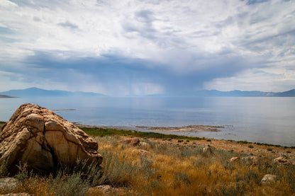 Nature's Cleansing: Rainy Splendor at the Great Salt Lake Photography Wall Art Metal Acrylic Print Utah Landscape