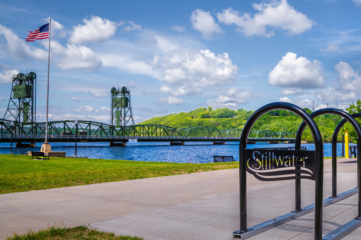 Patriotic Stillwater: US Flag and Stillwater Lift Bridge