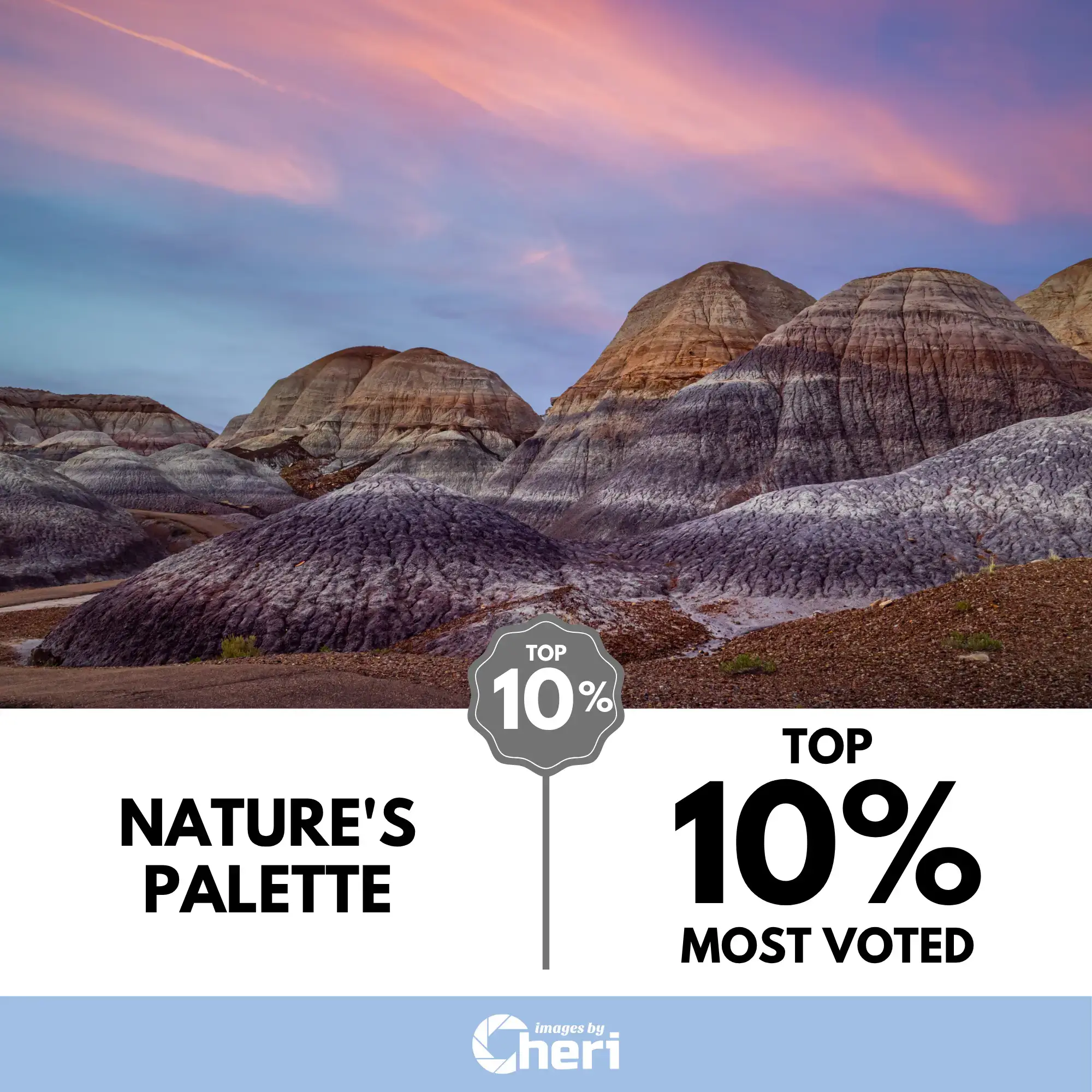 Wide landscape photo titled 'Nature's Palette,' showing colorful, layered rock formations of a painted desert or badlands at sunset with soft pink and purple clouds. Voted Top 10% in a photo contest.