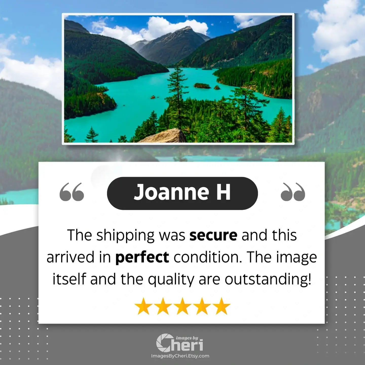 Image graphic combining a 5-star customer review from Joanne H, praising secure shipping and quality, next to a photograph of a bright turquoise mountain lake surrounded by green forest and peaks.