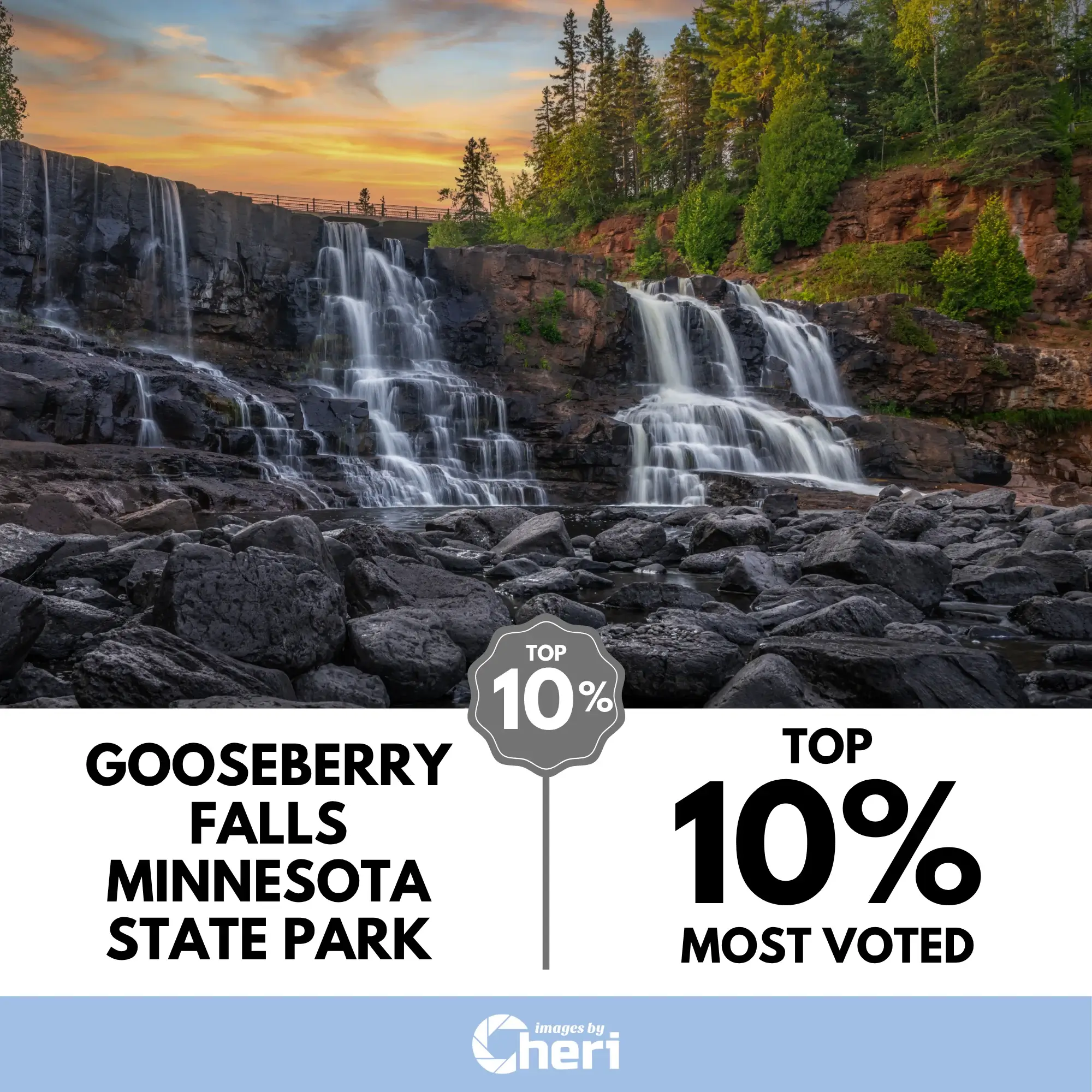 Gooseberry Falls Photo Contest entry, showing the Minnesota State Park waterfall at sunset over dark, wet rocks. The image earned a Top 10% Most Voted graphic.