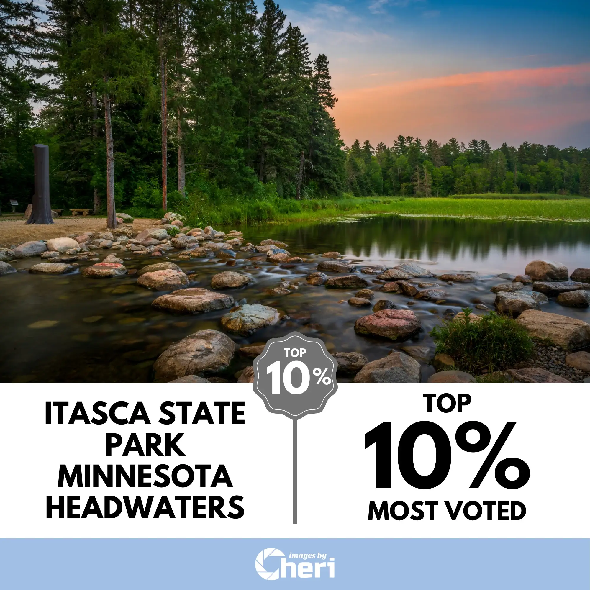 Itasca Headwaters Photo Contest entry showing the Mississippi River Headwaters in Minnesota State Park, with a stream of rocks and a sunset sky. The image earned a Top 10% Most Voted