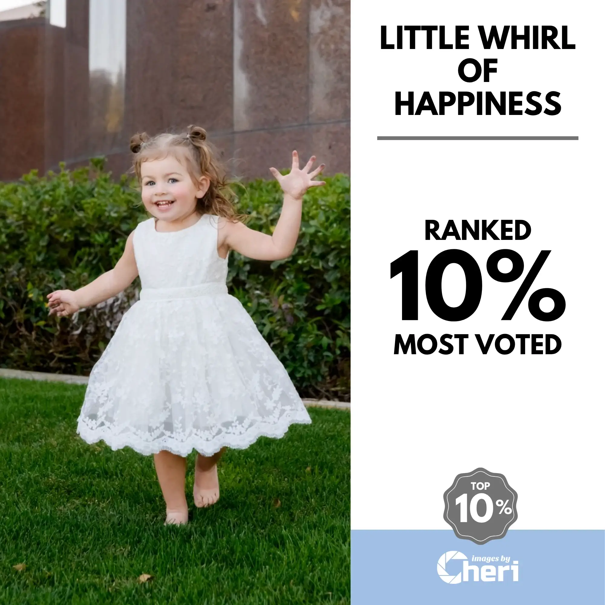 Little girl in a white lace dress twirling happily on the grass. Top 10% Most Voted in ‘People Frames Project Photo' Contest.