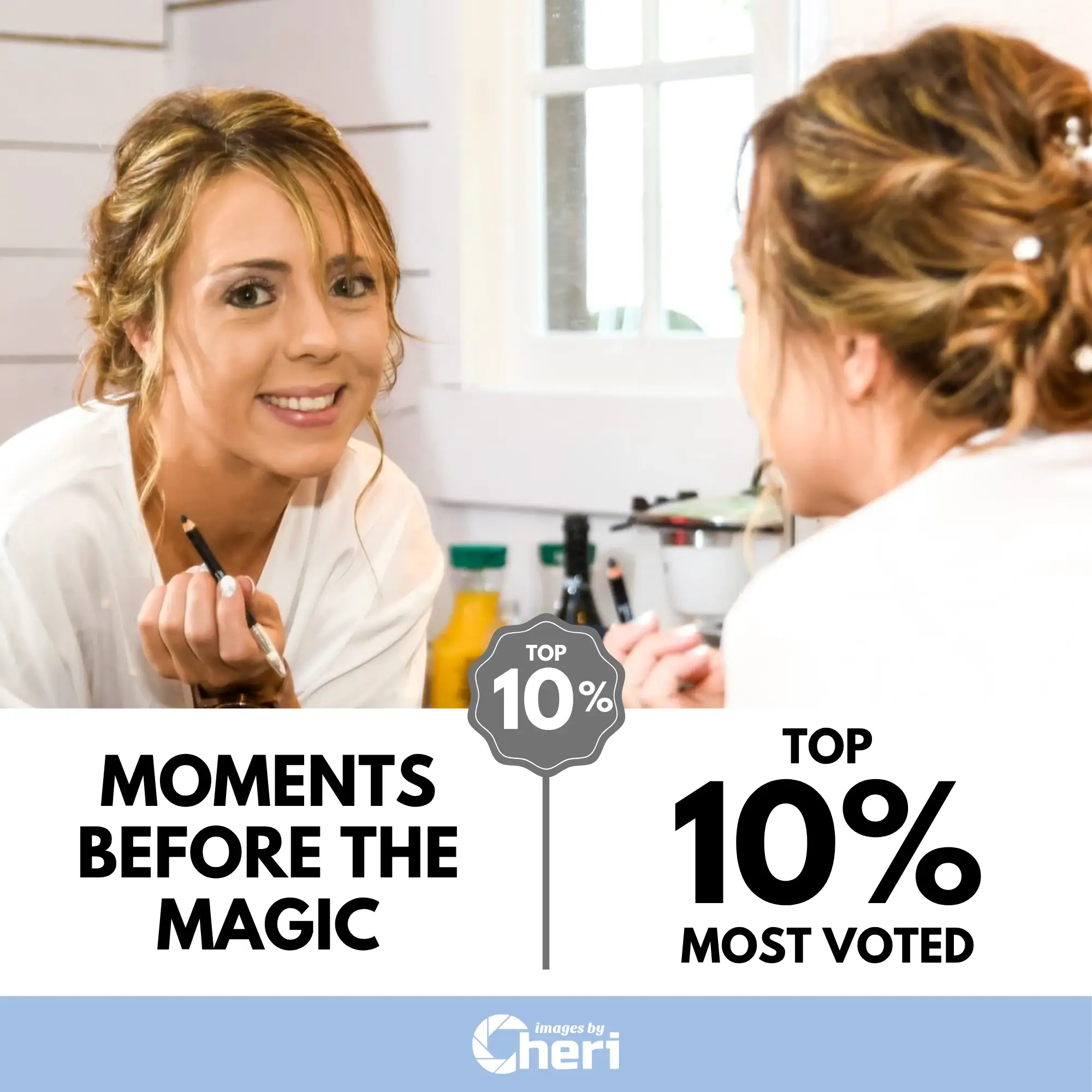 A smiling woman looks into the mirror while applying makeup. She is wearing a white top. This photo was recognized as Top 10% Most Voted in ‘People Frames Project Photo' Contest.