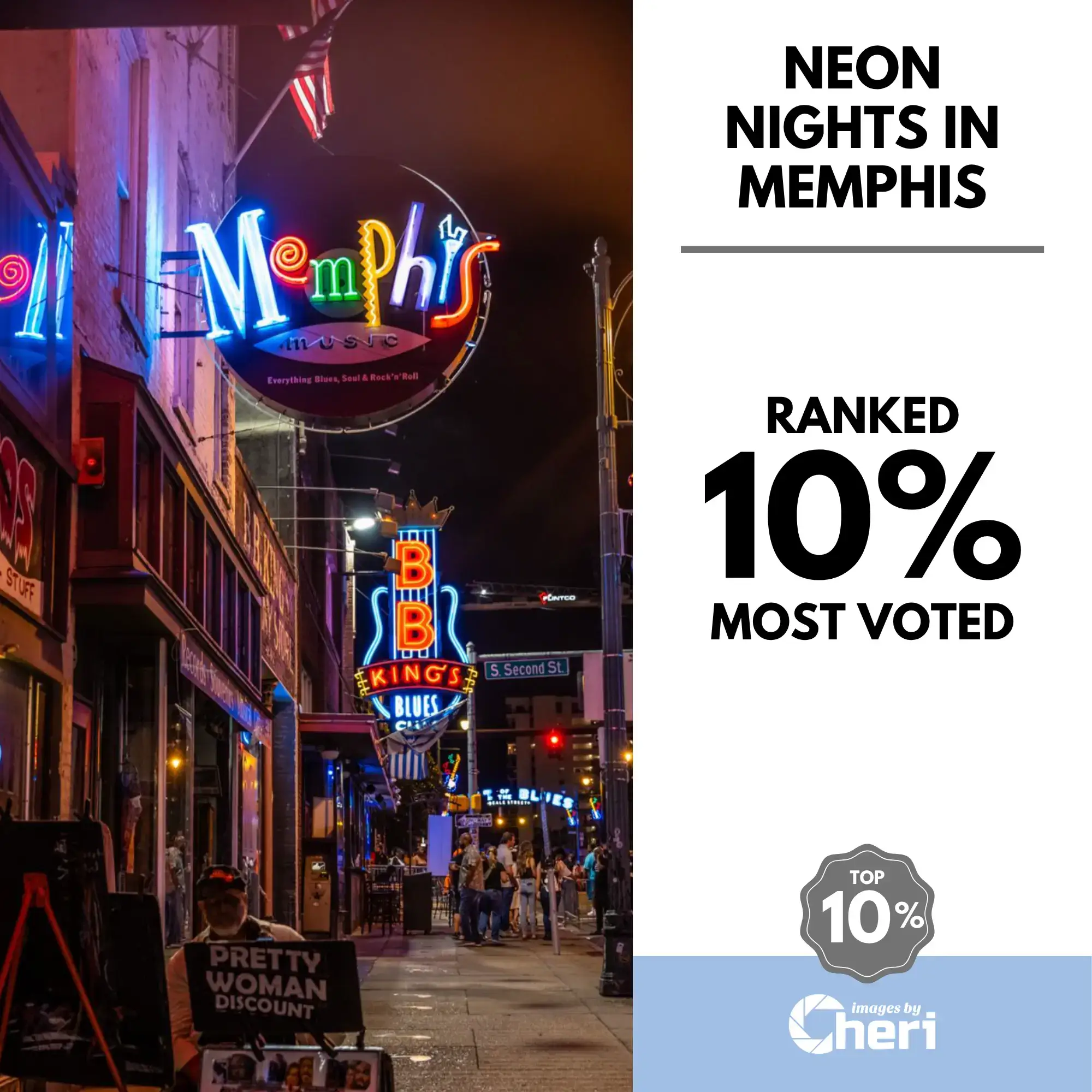 Night-time view of historic Beale Street in Memphis, Tennessee, with glowing blue and red neon signs for music clubs. Top 10% Most Voted in 'Neon Stories Photo’ Contest.